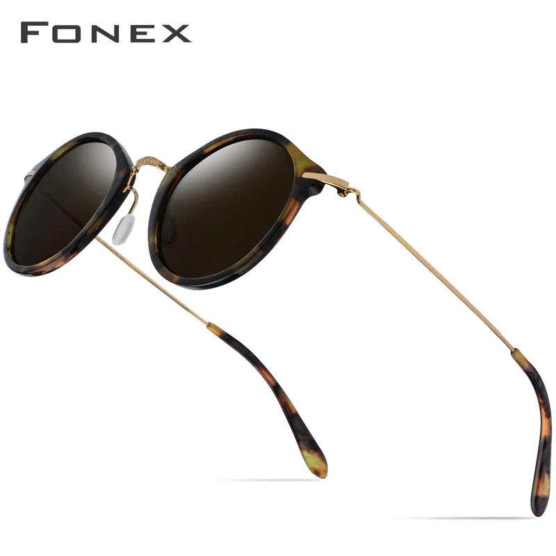 FONEX эластичные B титановые ацетатные поляризованные солнцезащитные очки Женские винтажные Круглые Солнцезащитные очки Мужские зеркальные солнцезащитные очки для женщин T852