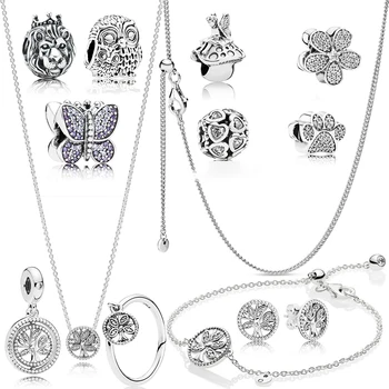 

Fashion New 925 Sterling Silver European Tree Of Life Set Butterfly Dog Print Lion Owl Diy Charm Original Ladies Jewelry Gift