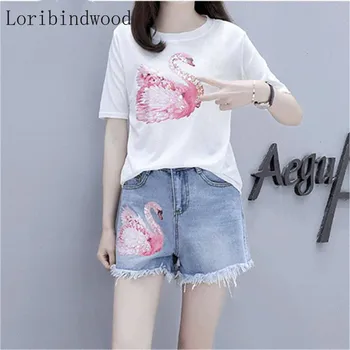 

2020 summer Women Swan Sequined Cotton Shirt T-shirt + Wide leg Jeans Girl Student High Waist Tassel Denim Shorts Set