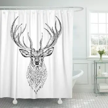 

Watercolor Head Deer Engraved Buck Drawing Vintage Portrait Silhouette Shower Curtain Waterproof Polyester Fabric 60 x 72 Inches