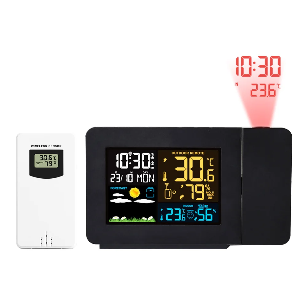 

FanJu Weather Station Thermometer Wireless Sensor Indoor Outdoor Humidity Meter Digital Alarm Projection Clock