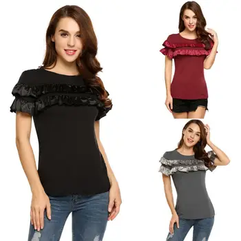 

OWLPRINCESS 2019 yards leisure Bertha chest falbala splicing pure color T-shirt