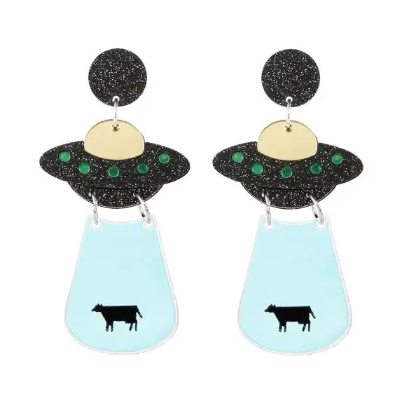 Black Flying Saucer FishSheep Милые Акриловые НЛО летающая тарелка Висячие серьги для женщин золотой блеск космический корабль большие висячие серьги модные ювелирные изделия - Окраска металла: Black Flying Saucer