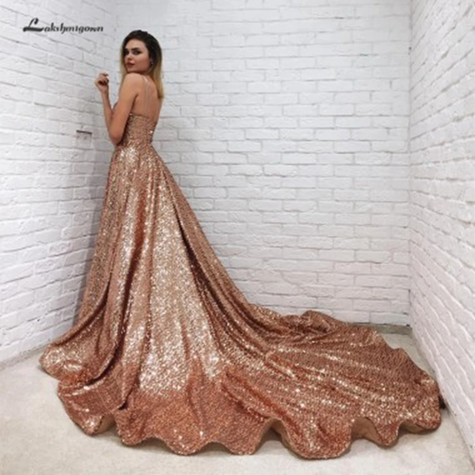 Lakshmigown роскошные золотые Дубай Сексуальные вечерние платья Длинные с блестками