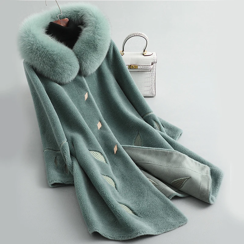 PUDI B404806 женская зимняя натуральная шерсть мех натуральный Лисий капюшон теплая куртка пальто леди возраст снижение длинная куртка, пальто - Цвет: green