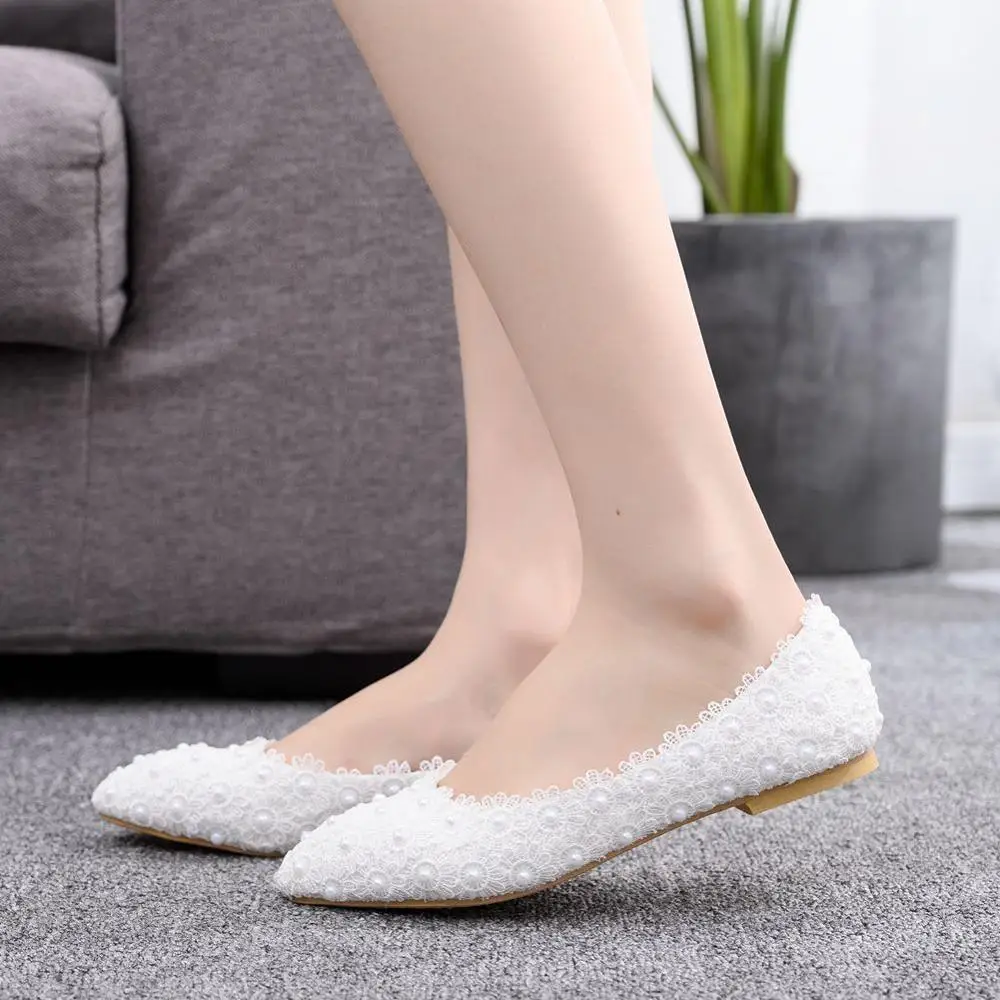 

White Lace Pearl Flat Shoes Bridal Wedding Single Shoes Pregnant Women Flat Casual Shoes Large Size Elegant Women's Shoes 42,43