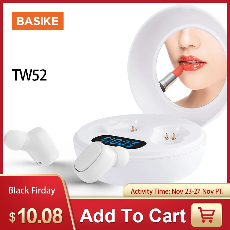 BASIKE TWS Wireless Bluetooth Earphone With Mic HIFI Sports Running Waterproof Headsets With Makeup Mirror Stereo Headphones