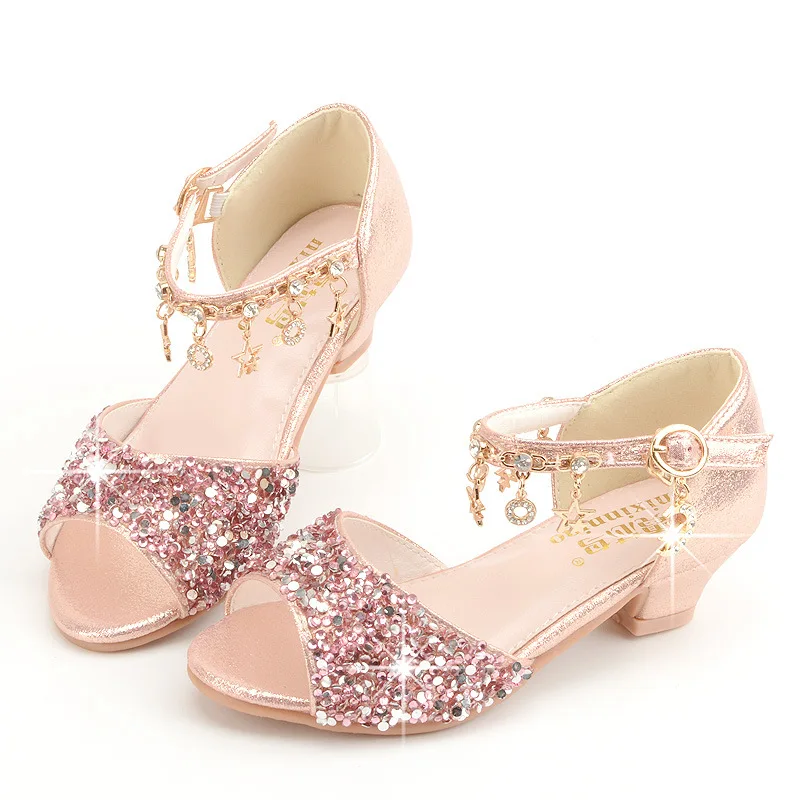 Girls Sandals Children Crystal Shoes 2022 Summer Kids Glitter Shoes High Heels Sequined Rhinestone Pendants Open Toes Princess slippers for boy Children's Shoes