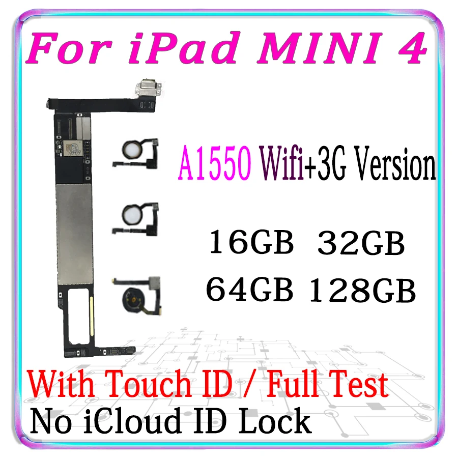 Оригинальная разблокированная материнская плата для iPad MINI 4 A1550 wifi+ 3g версия, Бесплатный iCloud логическая плата с сенсорным ID со всеми чипами