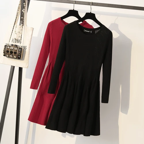 

Plus Size 4XL Knit Slim Dress Fashion O-Neck Long Sleeve High Waist Ruched Knitted Dress Women Simple Office Work Autumn Dress