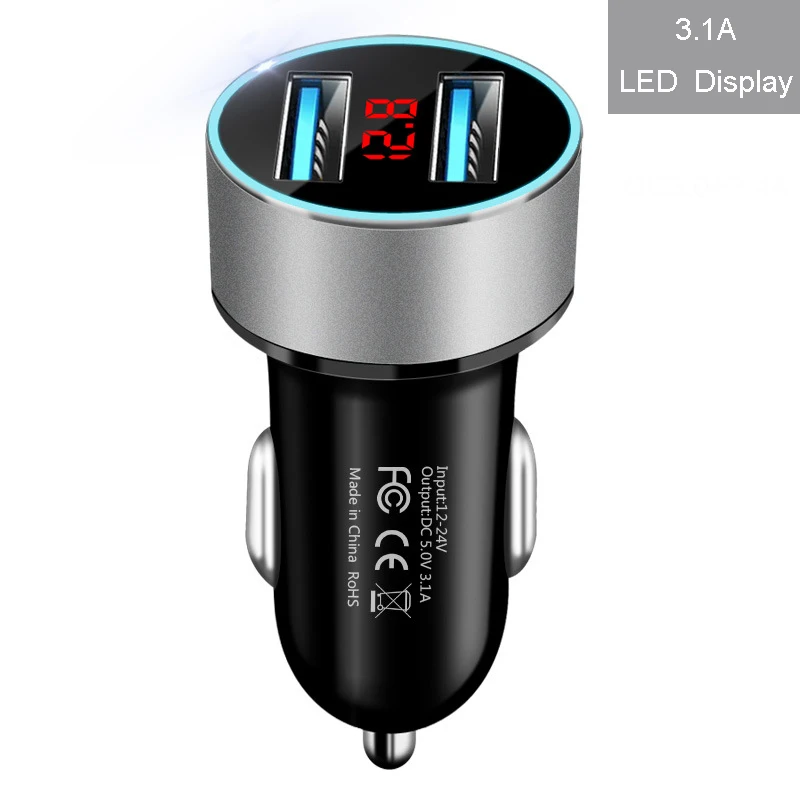 3.1A Dual USB Car Charger Quick Charge for Xiaomi Samsung iPhone 11 Tablet With LED Display Universal Mobile Phone Car-Charger - Название цвета: Silver-3.1A