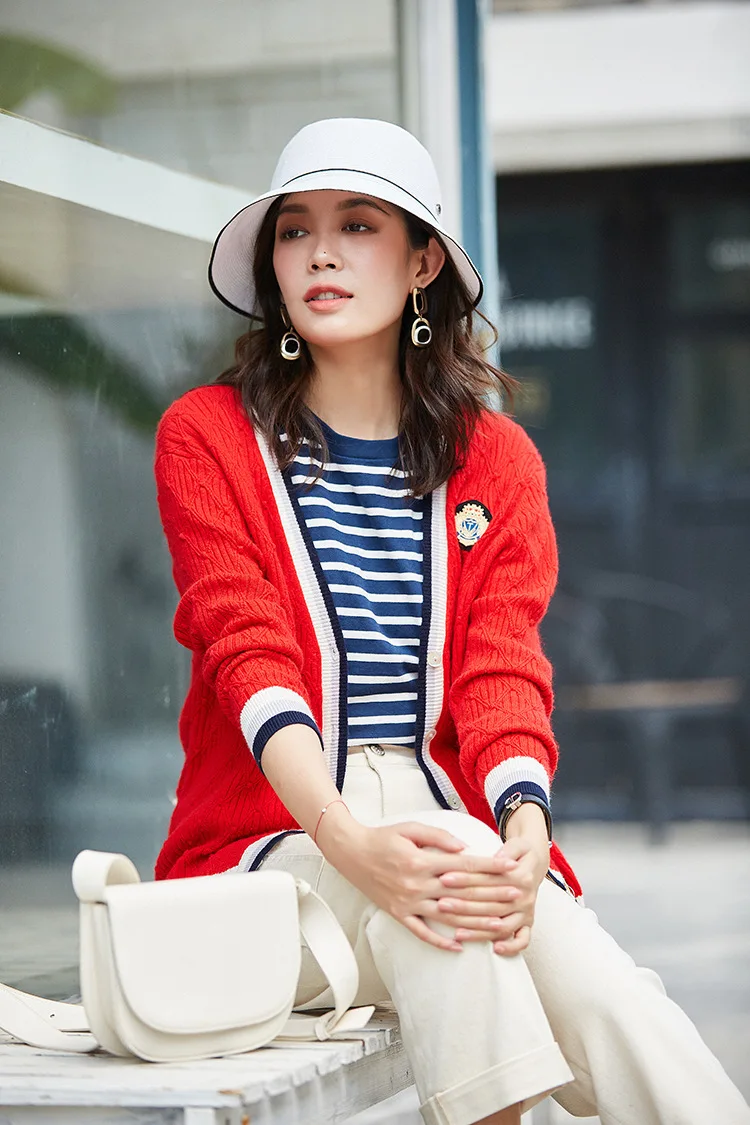 fall Women Autumn Preppy Style Casual Loose Contrast Striped cardigan Wool Knitted Red Sweater jersey mujer sueter damski