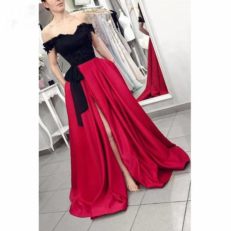 

2019 Ready to ship Black & Red Evening Dresses Long Satin Back Front Split Formal Evening Party Dress for Women Custom Made