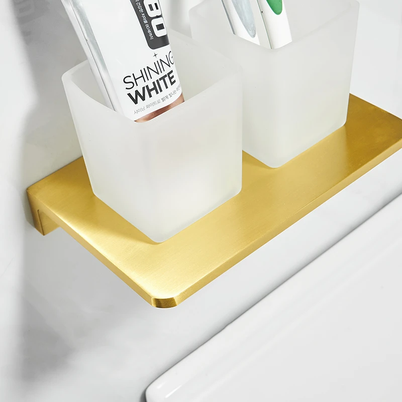 Wall Mounted Toothbrush Holder Set Double Glass Tumbler Brushed Gold Aluminum Bathroom Toothpaste Holder Bathroom Accessories