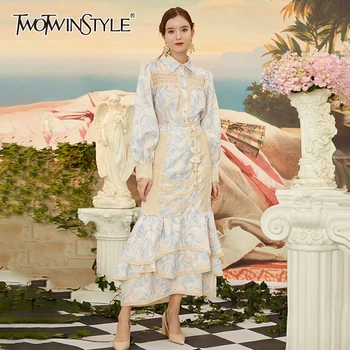 

TWOTWINSTYLE Print Two Piece Sets Female Lapel Collar Lantern Long Sleeve High Waist Sashes Ruffle Suits For Women Fashion Tide