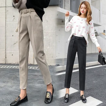 

Women Wool Harem Pant High Waist Elastic Straight Pants Female Trouser Autumn Winter Casual OL Lady Ankle-Length Pencil Trouser