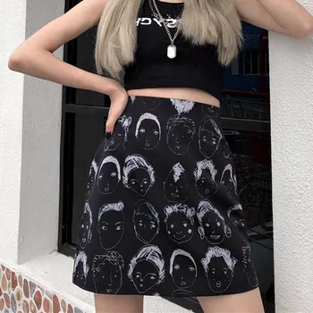 

2020 Fashion Women Mini Skirts Retro Comic Face Print High Waist Wild A-Line Skirt Bag Hip Mini Skirt Plus Size H7