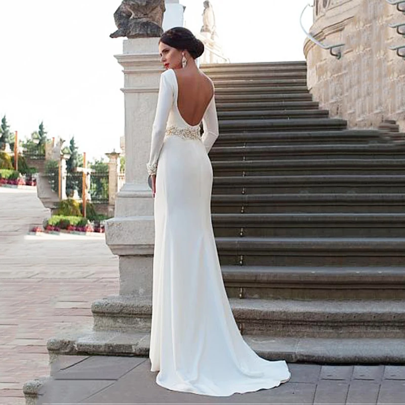 Образец атласное свадебное платье в стиле бохо белое свадебное платье с длинными рукавами с цветочным поясом с овальным вырезом Свадебное платье с открытой спиной