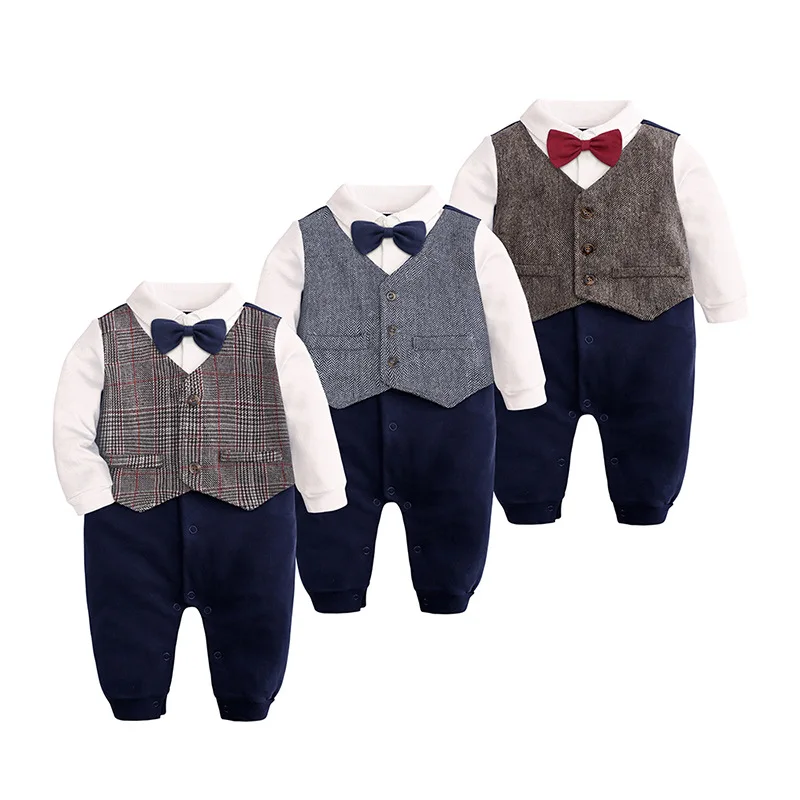 

Newborn Gentleman Knitted Cotton Baby Boy Clothes Bow Tie Formal Romper Toddler Kids Wedding Party Boy Dresses Plaid Jumpsuit