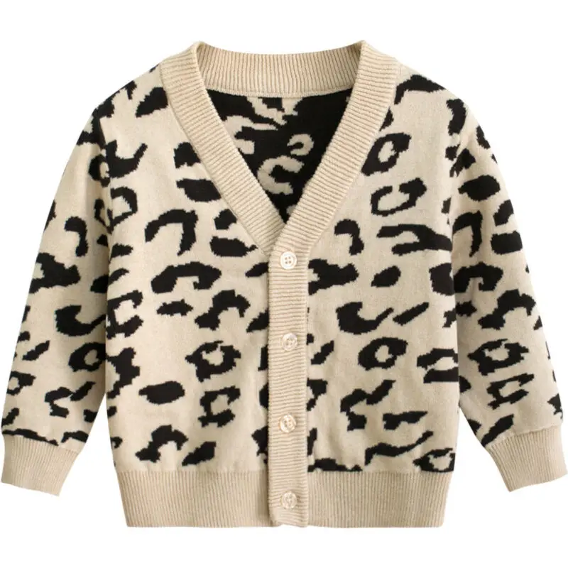 

2019 Brand Kids Baby Girls Autumn Winter Leopard Coat Long Sleeve V neck Knitting Sweater Coat Khaki Button Warm Outfit Jackets
