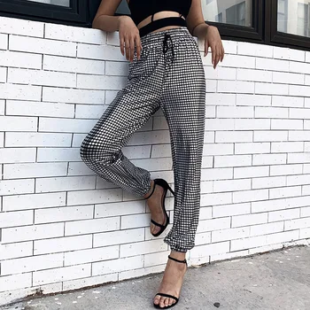 

Fashion Women High waist Sweatpants Elegant Bling Plaid checkerboard Harem Ladies Loose Trousers Streetwear