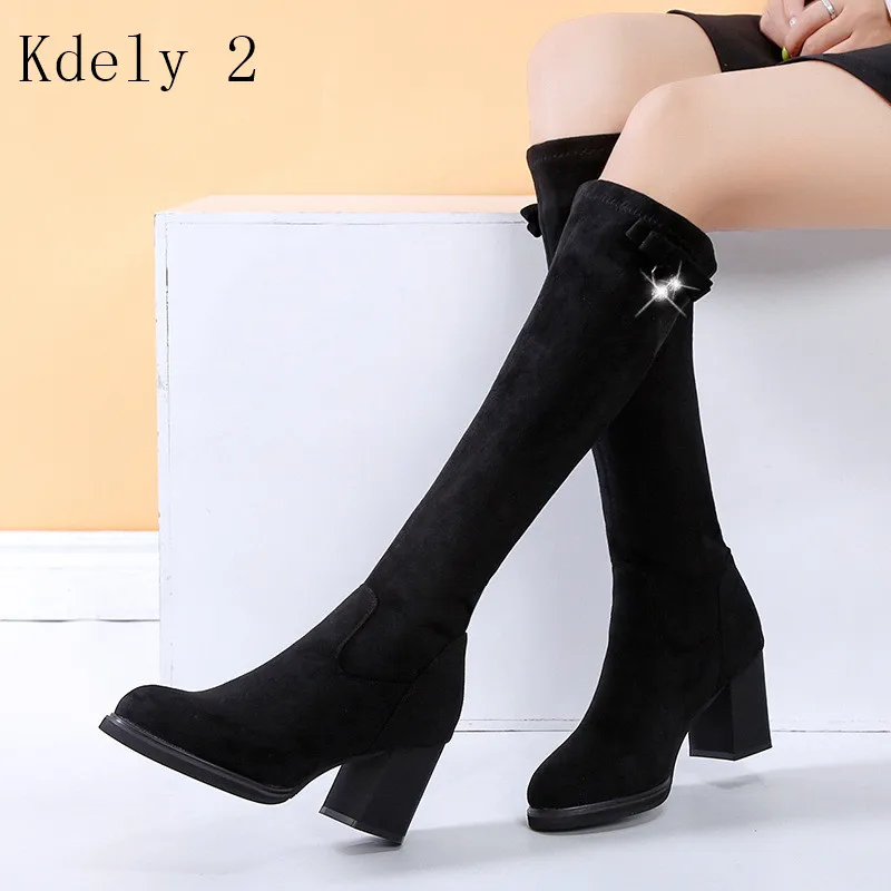 

Winter Matte Suede Plush Lining Metal Decoration Pearl Rhinestone Sequin Round Toe Zipper Knee-high Boots High Heels