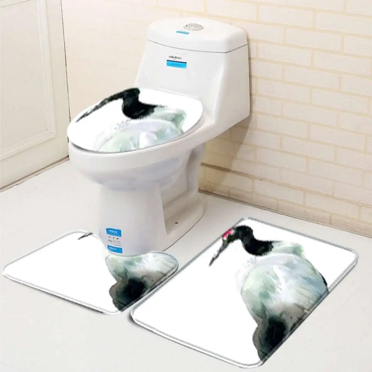 Crane 3PCS Animal decoration waterproof non-slip polyester bathroom curtain toilet seat cushion carpet three-piece and shower curtain - Цвет: Crane 3PCS