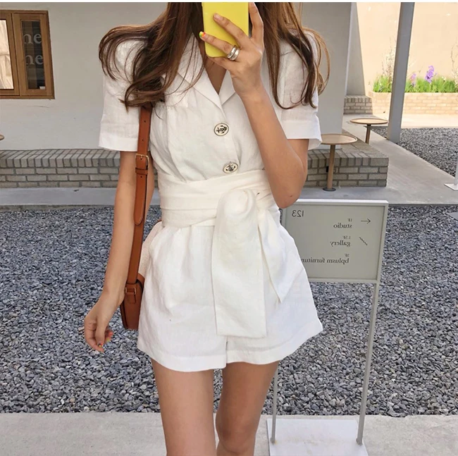 summer Women Solid color Turn down collar Short Sleeve Buttons overalls elegant Bandage Cotton Linen Jumpsuits AQ332