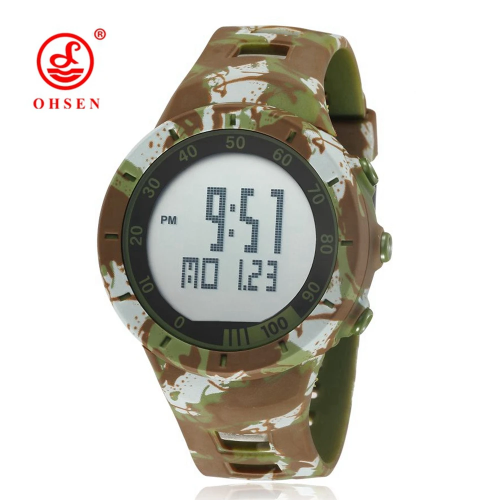 OHSEN, цифровой светодиодный, для спорта на открытом воздухе, часы для мужчин и женщин, секундомер, дайвинг, желтый, модный силиконовый браслет, унисекс, часы, reloj hombre - Цвет: Camouflage Green
