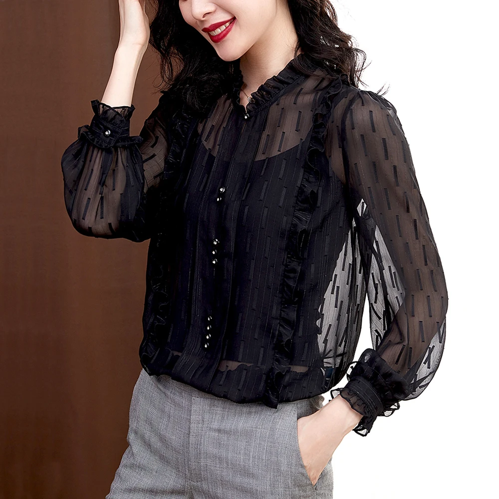 

2020 spring new style women tops shirts jacquard solid color blouses shirt Slim wild ruffles elegant lady chiffon shirts female