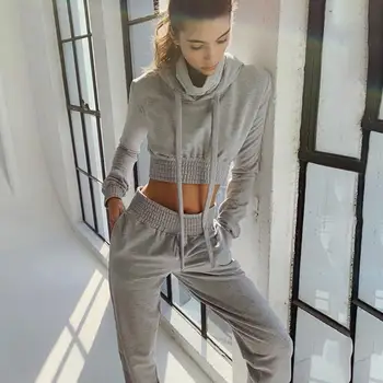 

Women Long Sleeve Hooded Crop Top Loose Pants Suit Two Pieces Set Pockets Hoodies Top Trousers Tracksuits Casual Outfits