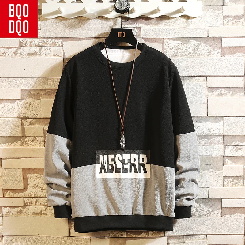 

Patchwork Black Letter Print O-Neck Sweatshirt Men Hip Hop Korean Style Tracksuit Pullover Male Autumn Streetwear Casual Hoodie