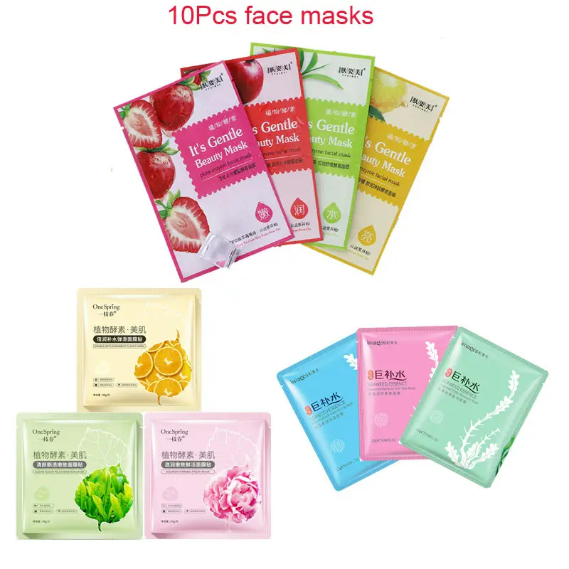 

HOREC 10Pcs plant Emulsion facial Masks Anti-Aging Moisturizing Oil-control strawberry seaweed disposable face Mask skin care
