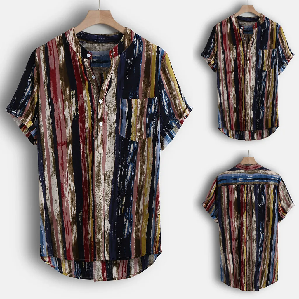 

Mens Summer Fashion Stand Collar Strip Print Short Sleeve Shirt Top Collar Fashion Graffiti man fashion Man Shirts Stand Collar