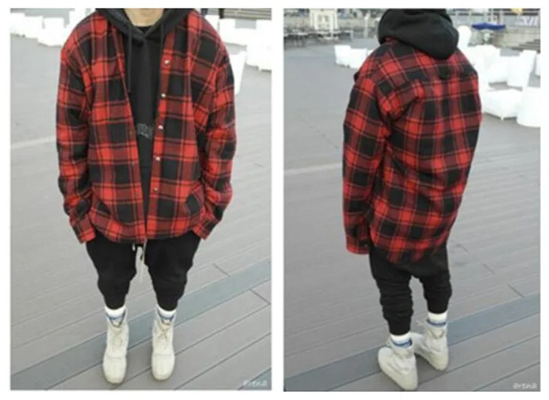 

Plaid Print Mens Casual Shirts Fashion Loose Oversize Pockets Panelled Mens Designer Shirts Casual Males Clothing