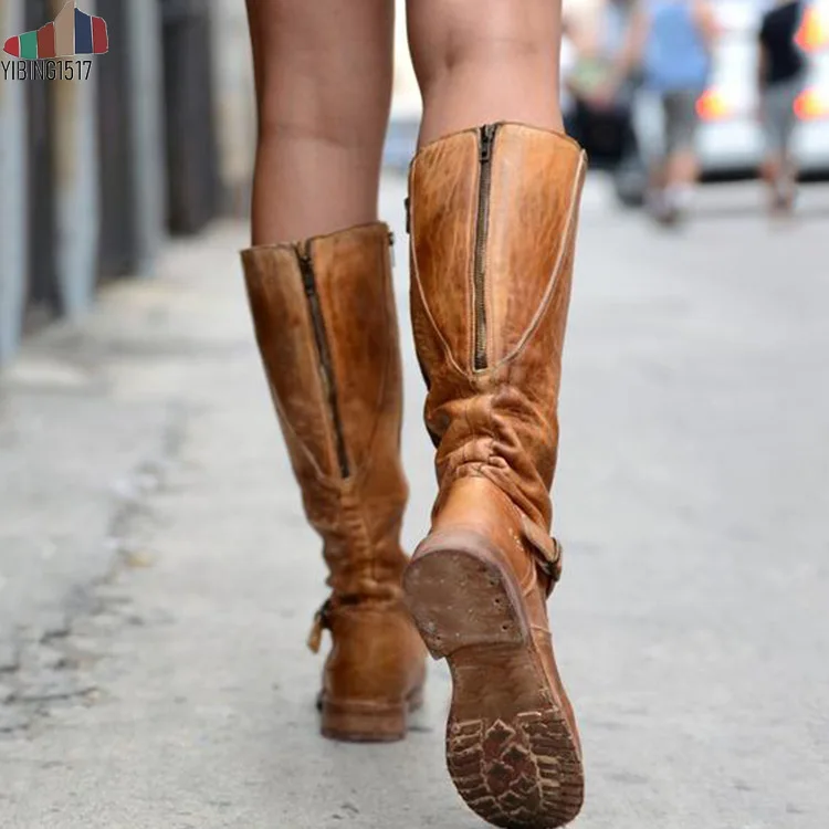 Botas Mujer/женские сапоги до колена Винтажная обувь на плоской подошве из