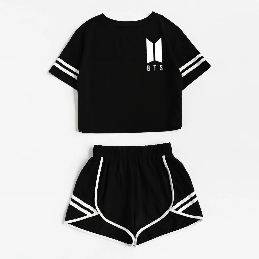 

2018 New Style Women's Spring And Summer Leisure Suit Pure Cotton Stripes BTS Printed Navel Shorts Set