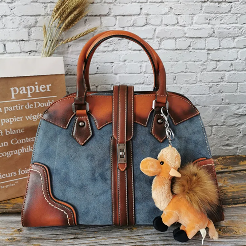 Винтажная женская сумка из натуральной кожи в стиле пэчворк, роскошная женская сумка на плечо из воловьей кожи, большая Вместительная дорожная сумка-тоут с ручкой сверху - Цвет: Blue And Camel