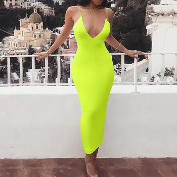 

Women's Sexy Deep V-neck Spaghetti Strap Long Bodycon Dress Solid Color Sleeveless Summer Party Dress Vestido De Festa Longo