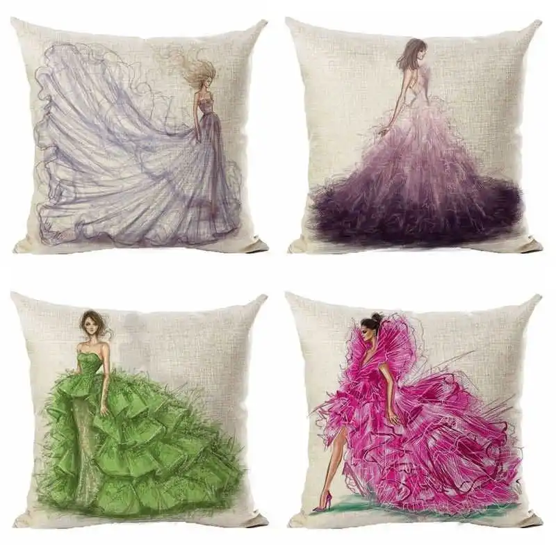 

Sofa Cotton Linen Throw Pillowcase 45*45 cm Art Fashion Dress Girls Pillowcases Cushion Cover Home Sofa Chair Room Decorative