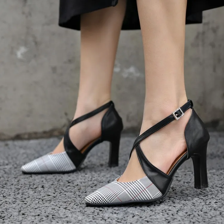 Spring and summer color matching high-heeled women's sense of thick small fresh cross strappy pointed shallow pumps | Обувь