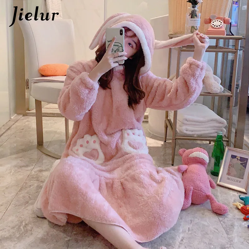 Jielur коралловые бархатные Халаты женские милые теплые с капюшоном мультяшная Ночная сорочка дамы кролик фланель кимоно пижамы платье