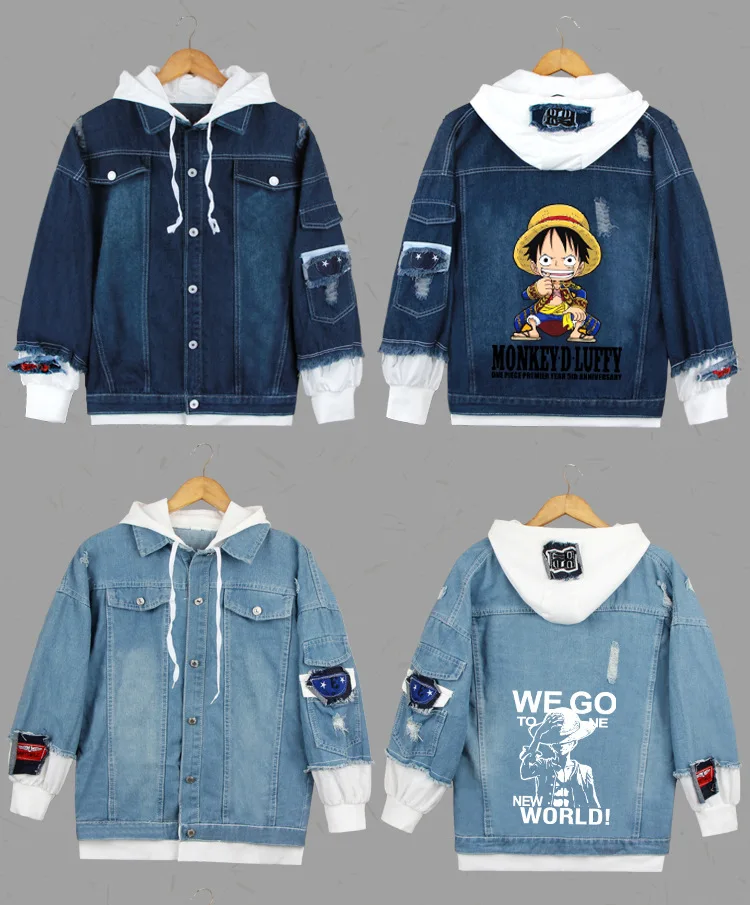 AnimeONE/толстовки с капюшоном с изображением обезьяны D Luffy, толстовки для косплея, костюмы Roronoa Zoro, куртки, Повседневная джинсовая куртка с героями мультфильмов