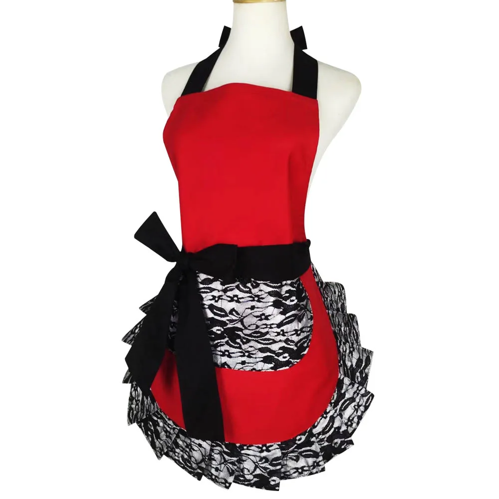 Cotton Red Black Lace Flirty Apron with Pocket, Fun Retro Sexy Cooking Pinup Aprons for Women Girls Waiter C1A2