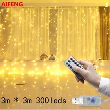 AIFENG 3 м x 3 м 300 светодиодный Светодиодный светильник с питанием от USB, светодиодный светильник для занавесок с медным проводом, светодиодный светильник для занавесок s, Свадебный светильник s с радиочастотным пультом дистанционного управления