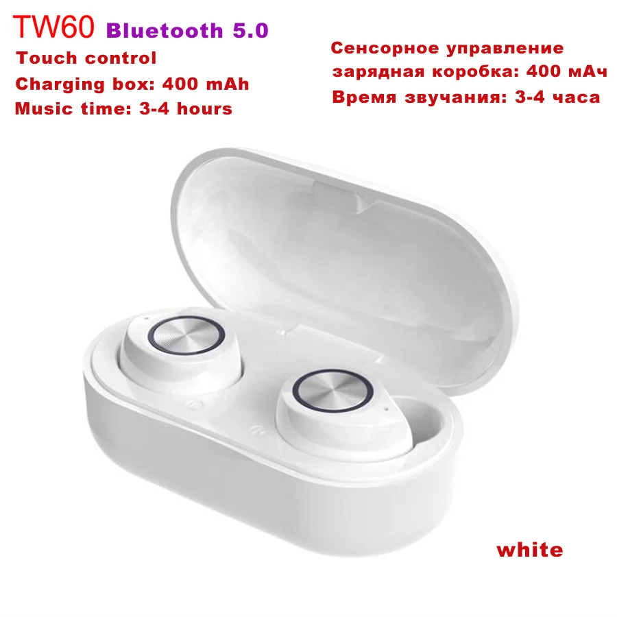 white-TW60 TWS 5,0, Bluetooth, беспроводные наушники, сенсорная гарнитура, стерео бас, беспроводные наушники с микрофоном, гарнитура для телефона - Цвет: white-TW60