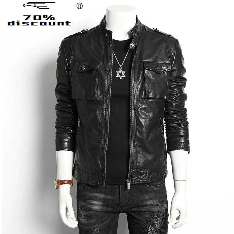 

AYUSNUE Genuine Leather Jacket Men Short Sheepakin Coat Spring Autumn Vintage Biker Motorcycle Jacket Slim Fit 23022 KJ4032