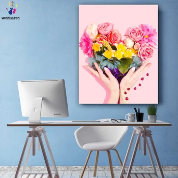

DIY colorings pictures by numbers with colors Hands holding flowers picture drawing painting by numbers framed Home