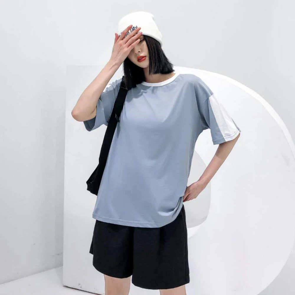 

Womens T Shirts Color Block Summer Korean Hip Hop Harajuku O-Neck Drop Shoulders Tshirt Female Patchwork Tops for Women
