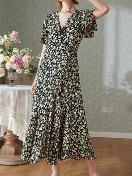 

V-neck Floral Women Midi Dress 2020 Spring Summer Sleeve Lace-up Fashion Female Slim Waist Long Dresses Clothes